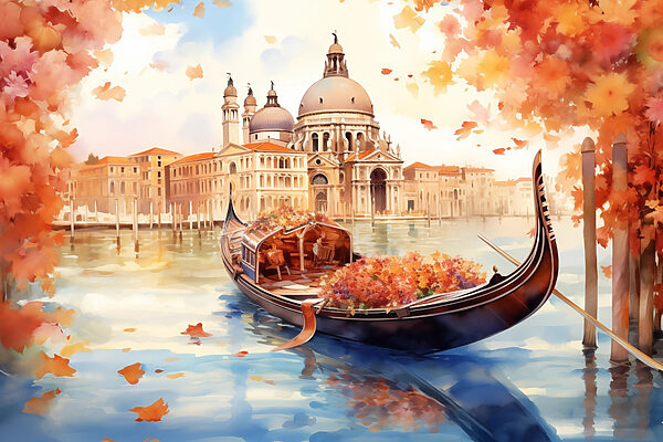 Gondola na vodě s budovou v pozadí Gondola na vodě s budovou v pozadí