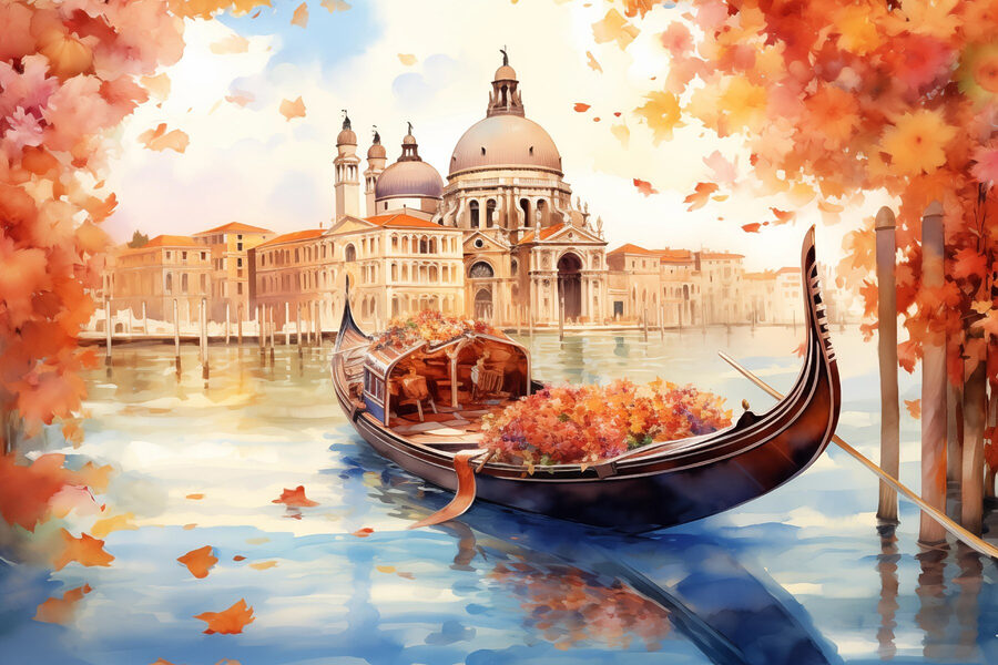 Gondola na vodě s budovou v pozadí
