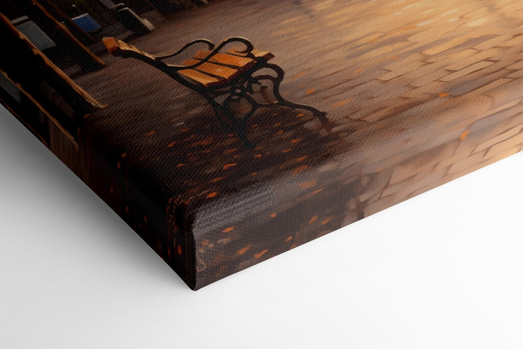 Bench and a river with trees and a tower in the background