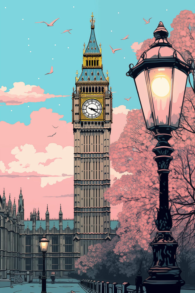 Clock tower with a lamp post and trees Clock tower with a lamp post and trees