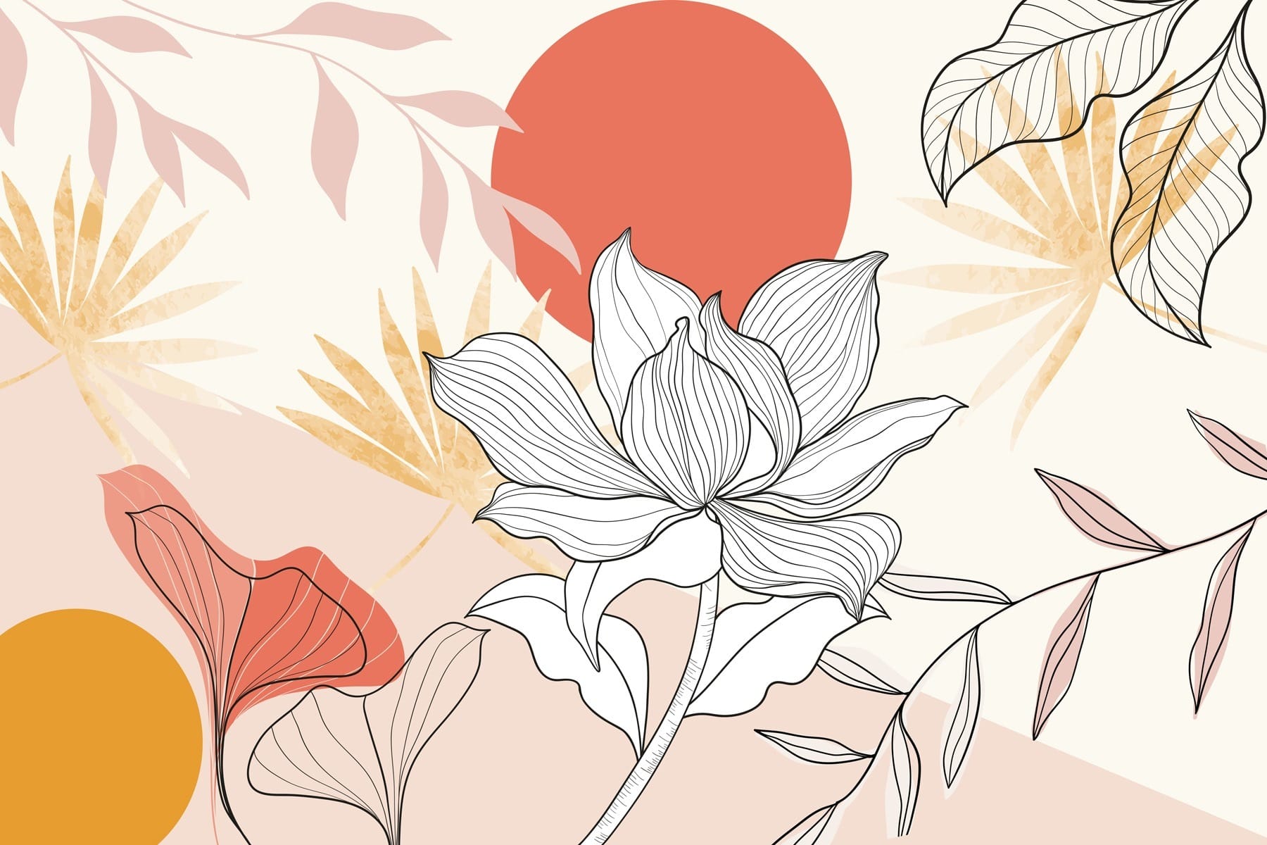 Flower and leaves with red sun