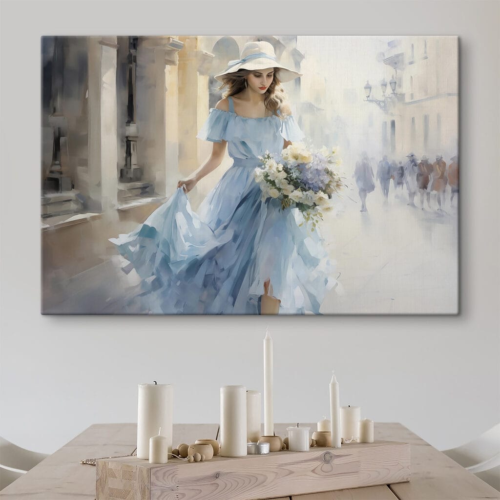 Woman in a blue dress holding flowers