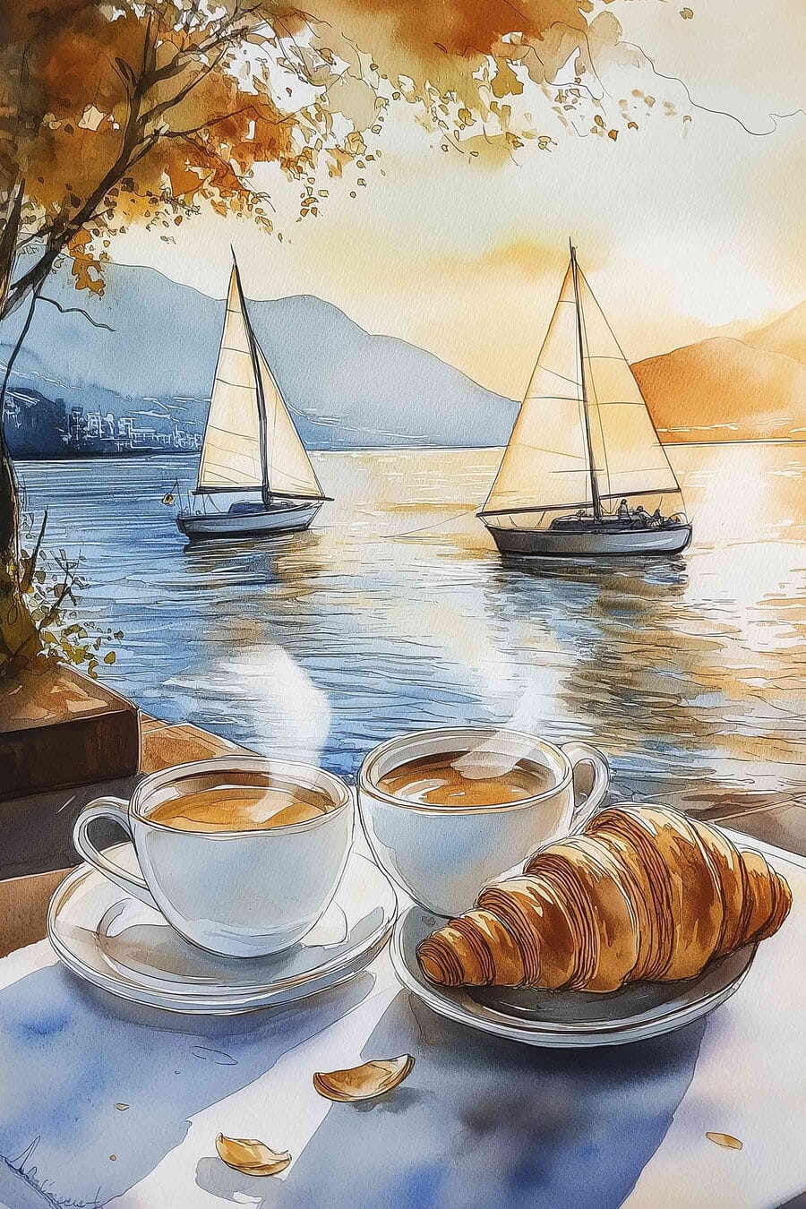 Akvarel dvou šálků kávy a croissantu na stole Akvarel dvou šálků kávy a croissantu na stole
