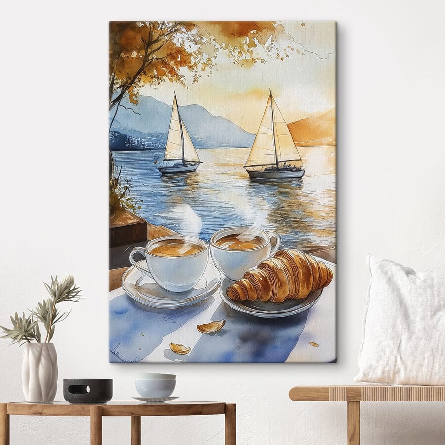 Akvarel dvou šálků kávy a croissantu na stole Akvarel dvou šálků kávy a croissantu na stole