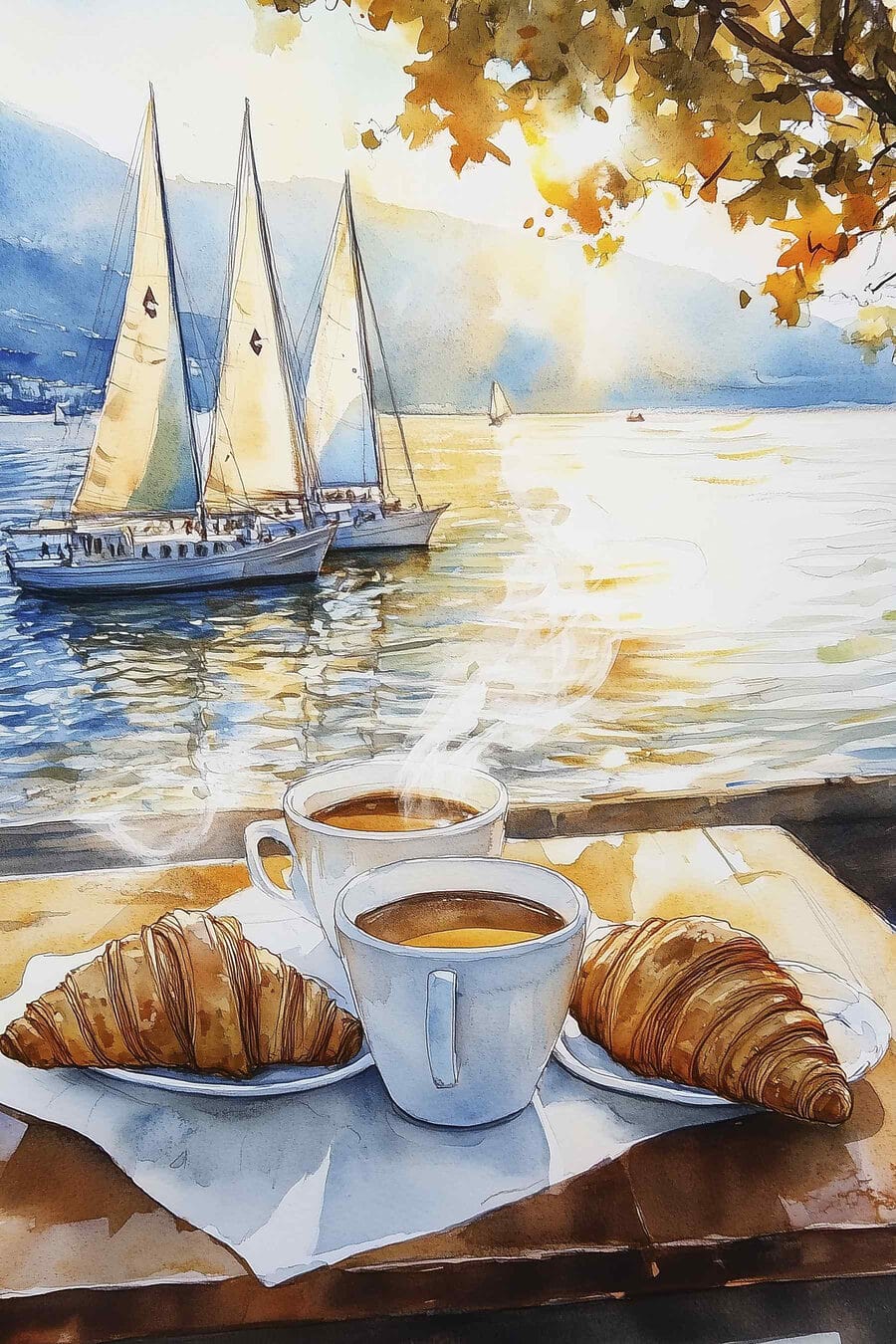 Akvarelová malba stolu s kávou a croissanty