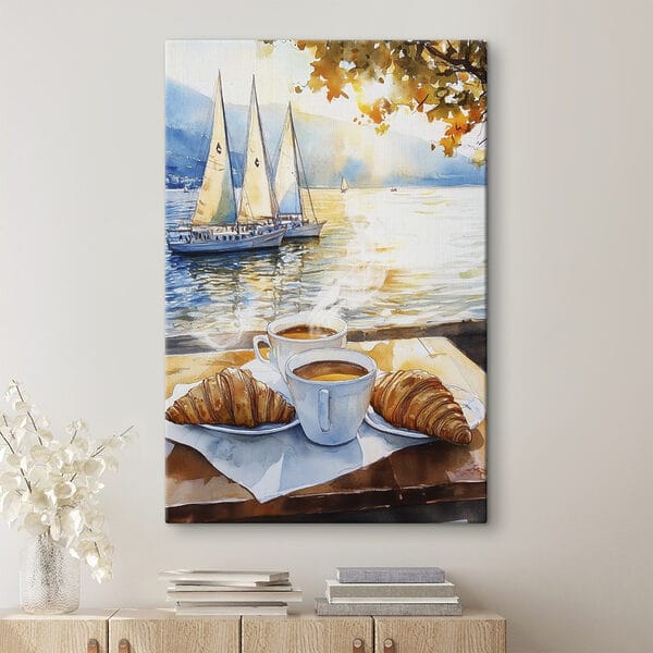 Akvarelová malba stolu s kávou a croissanty Akvarelová malba stolu s kávou a croissanty