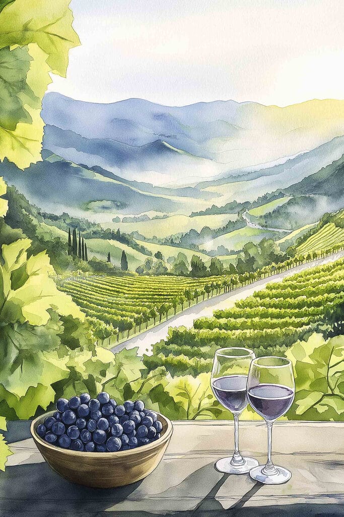 Painting of wine glasses and grapes on a table in front of a vineyard