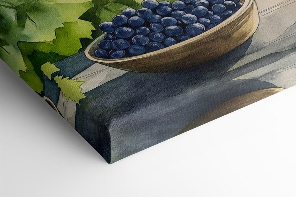 Painting of wine glasses and grapes on a table in front of a vineyard