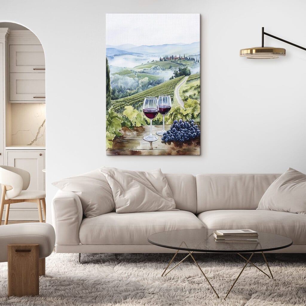 Watercolor of wine glasses on a table with grapes and hills in the background