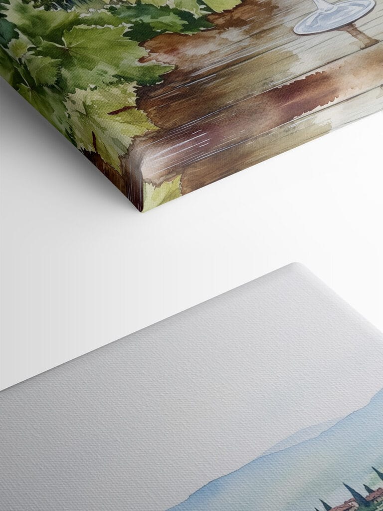 Watercolor of wine glasses on a table with grapes and hills in the background