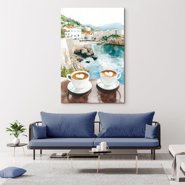 Obraz Obraz Dva šálky kávy s pěnou ve tvaru srdce na stole s výhledem na vodní plochu (Katalogové číslo: s42448)