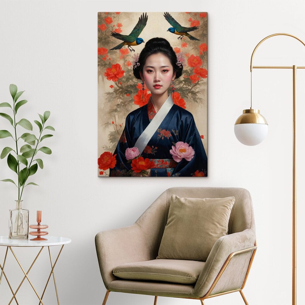 Woman in a kimono with flowers and birds