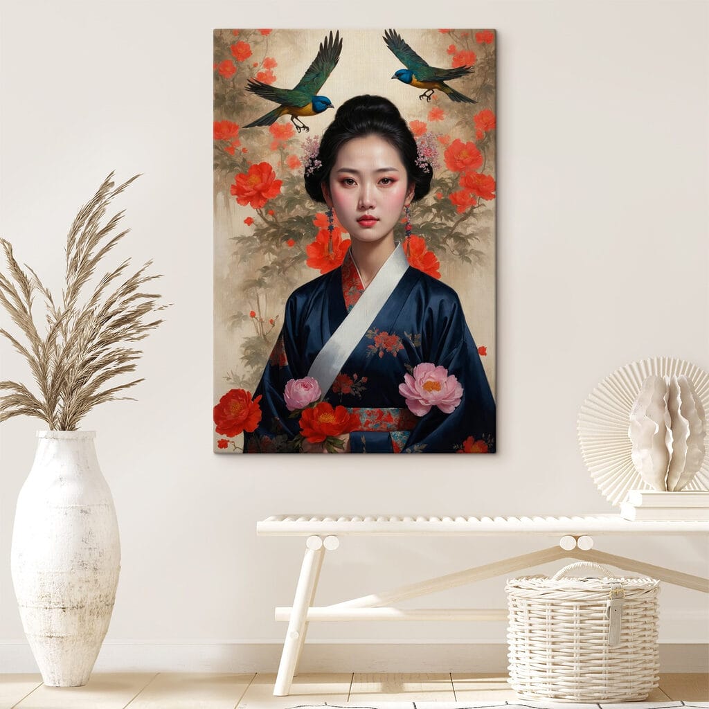 Woman in a kimono with flowers and birds