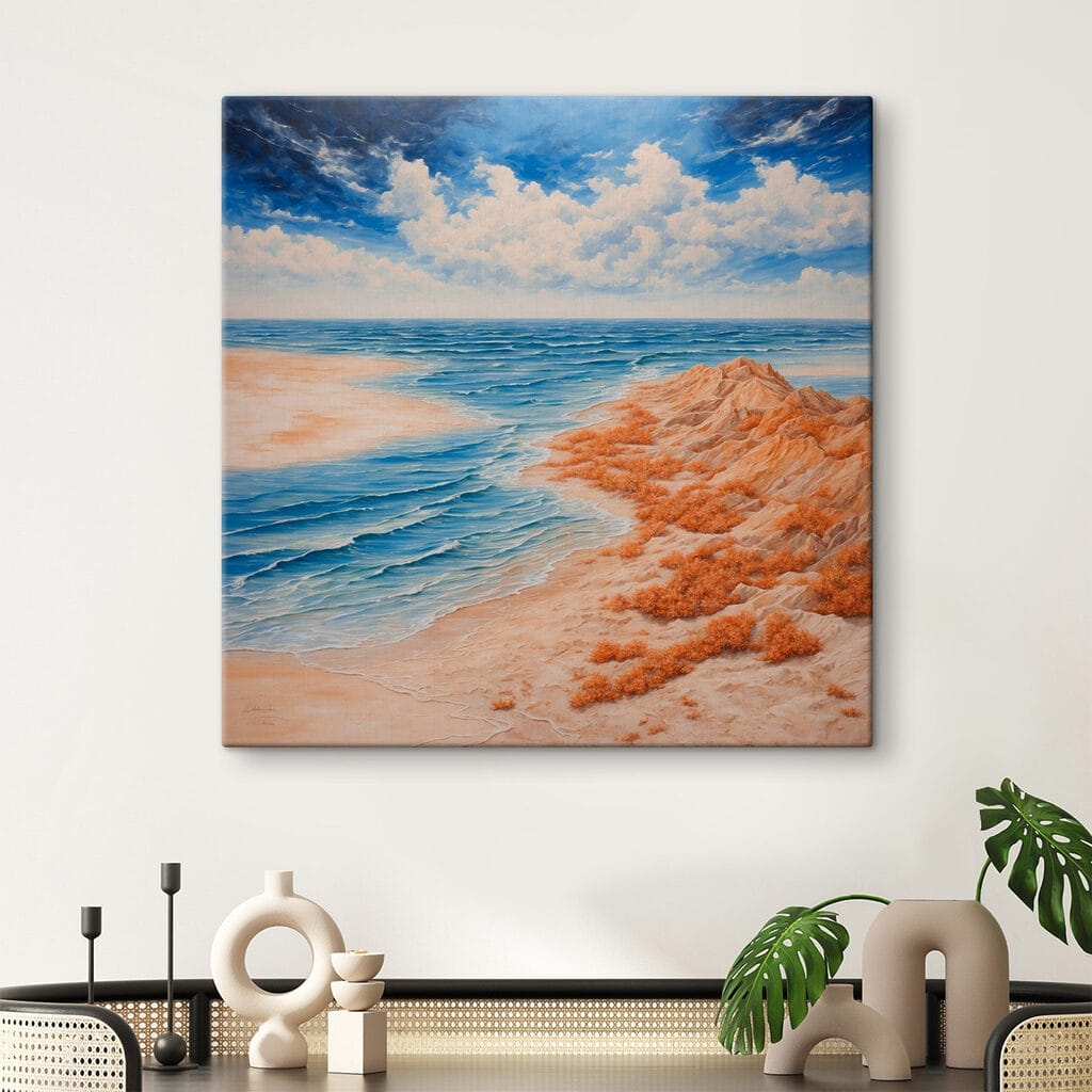 Painting of a beach with sand and water