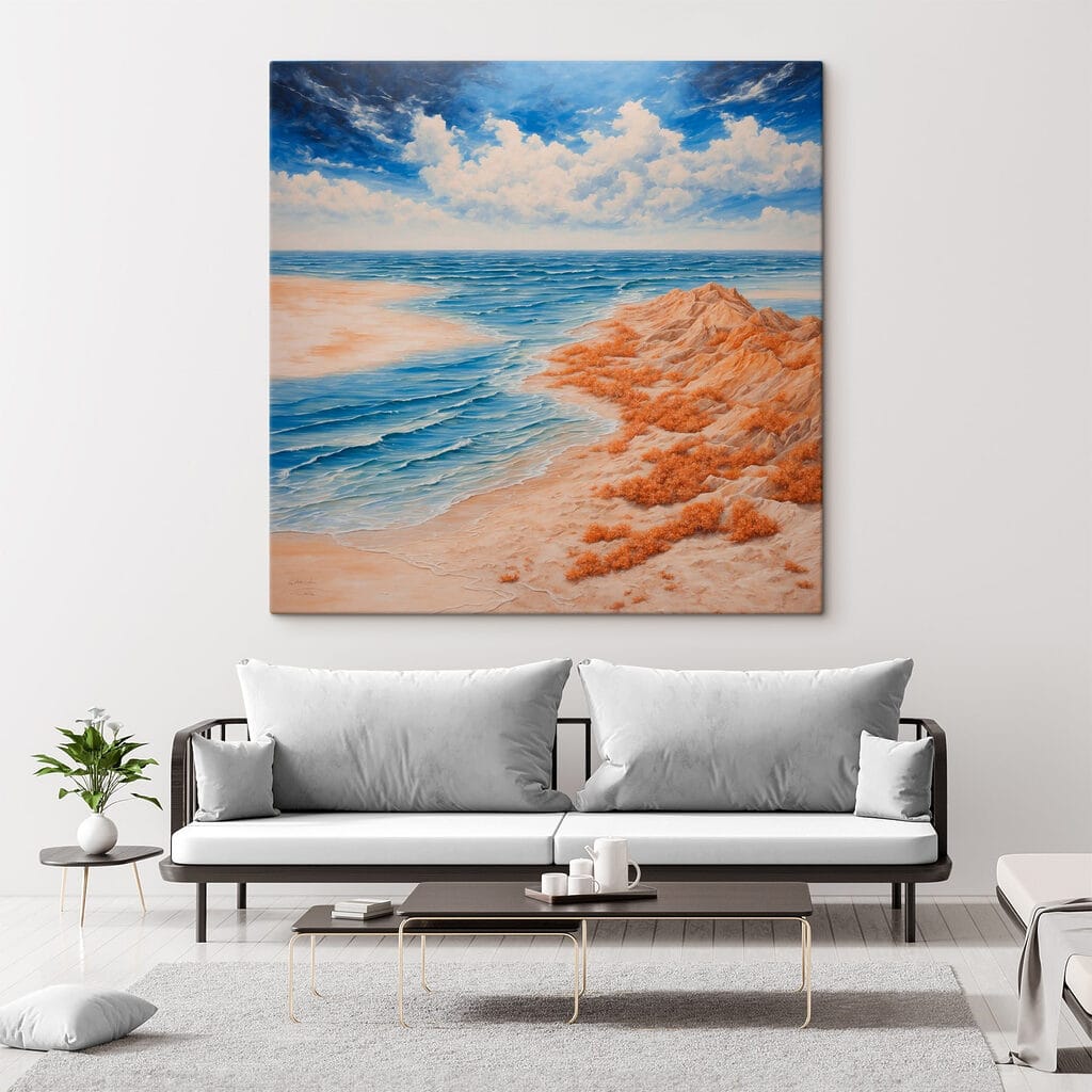 Painting of a beach with sand and water