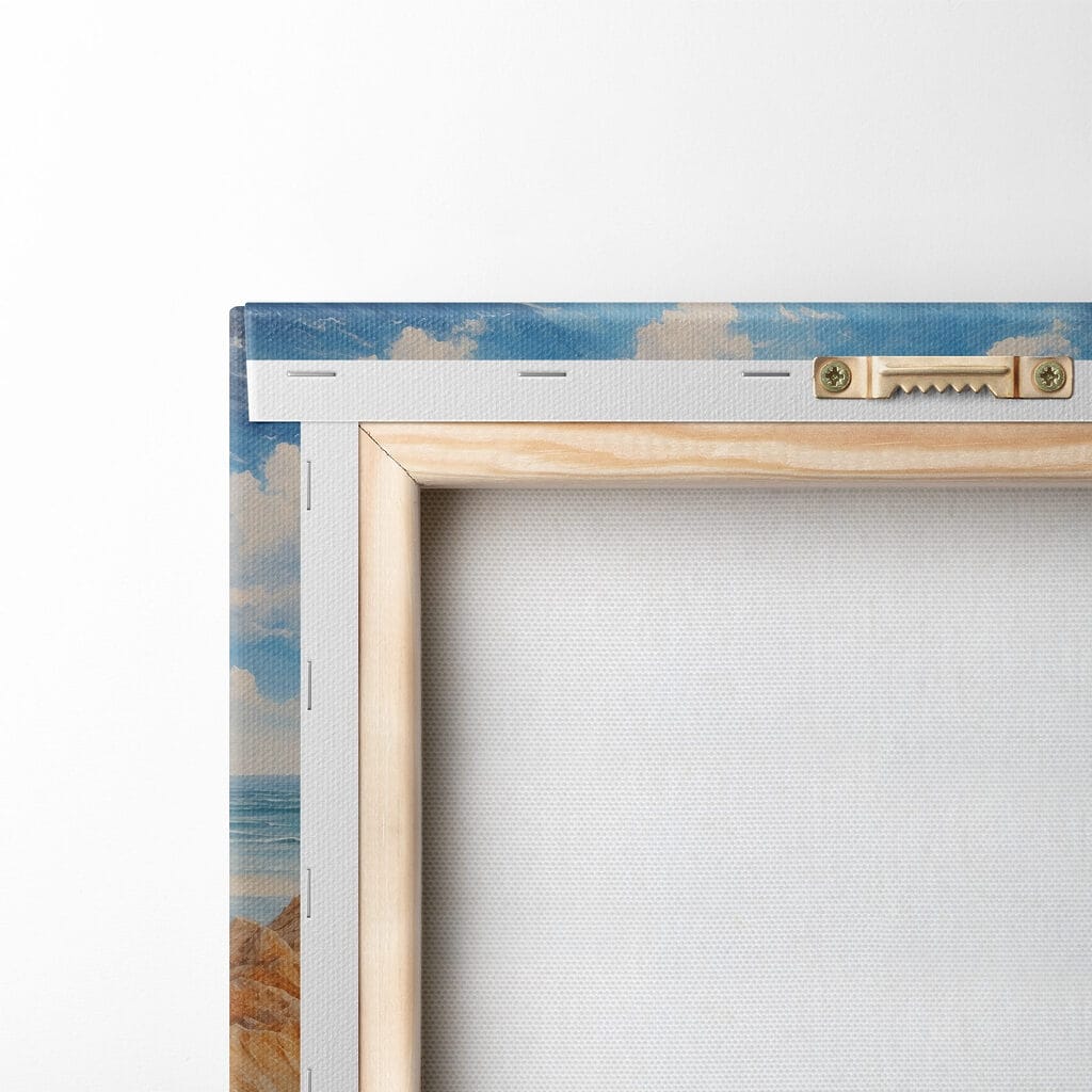 Painting of a beach with sand and water