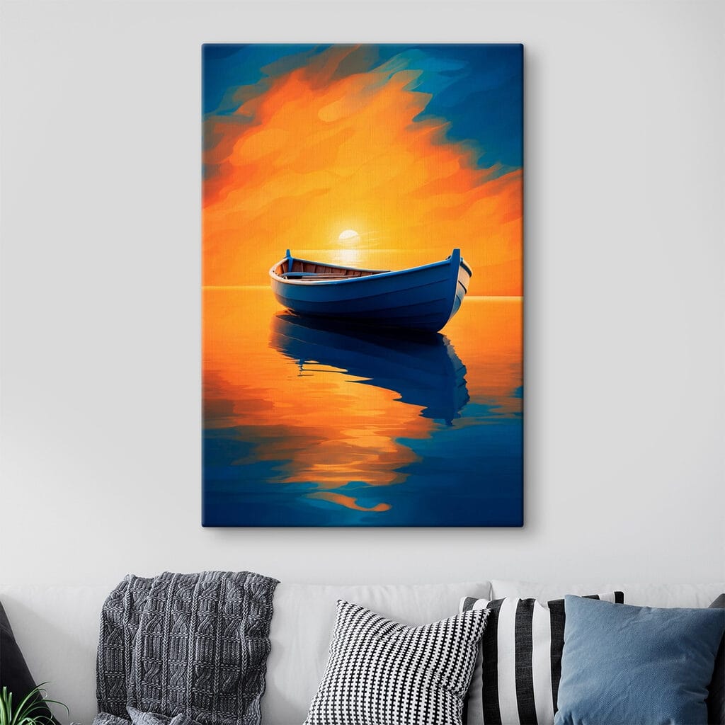 Boat on water with sunset in the background