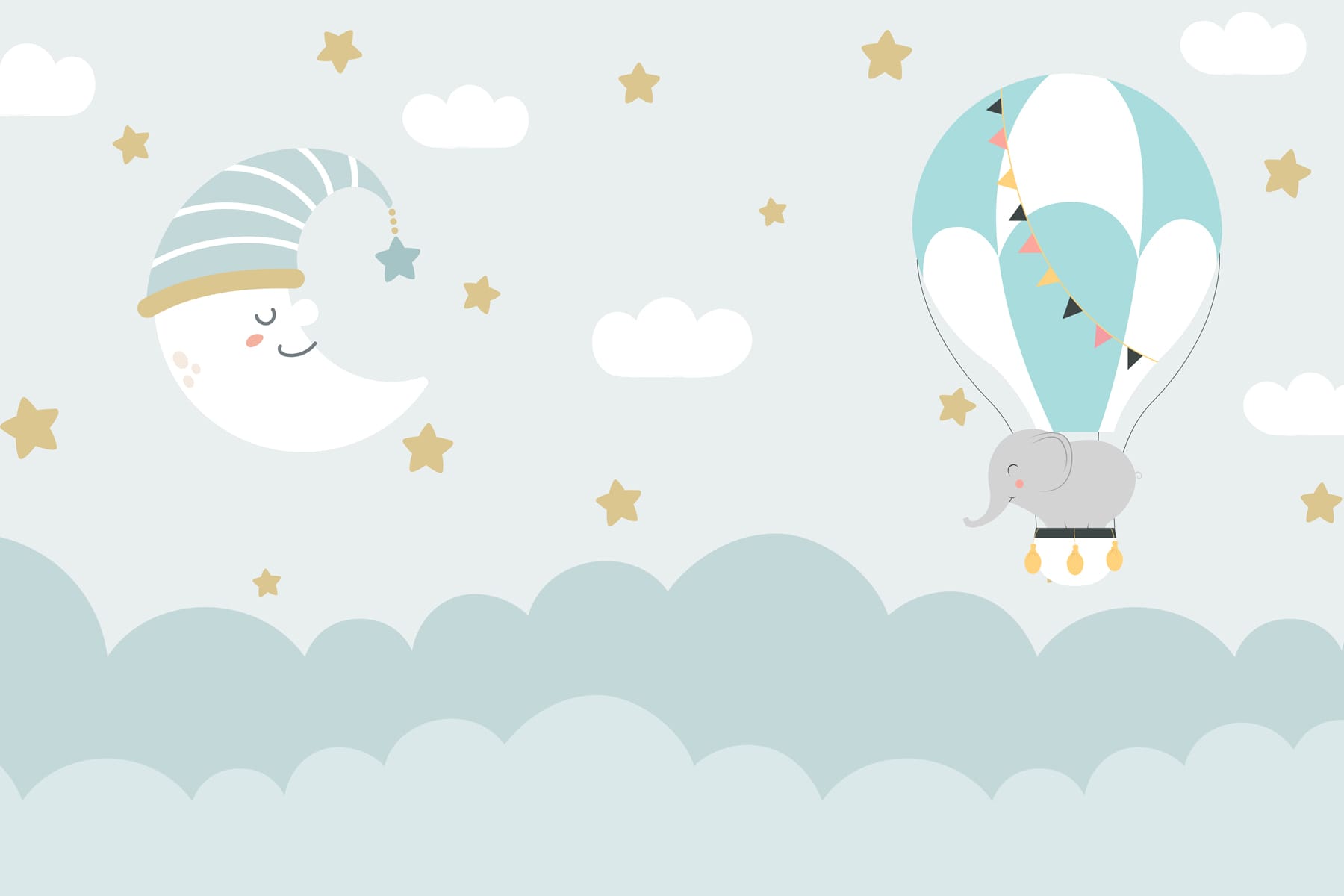 Cartoon elephant and moon in the sky