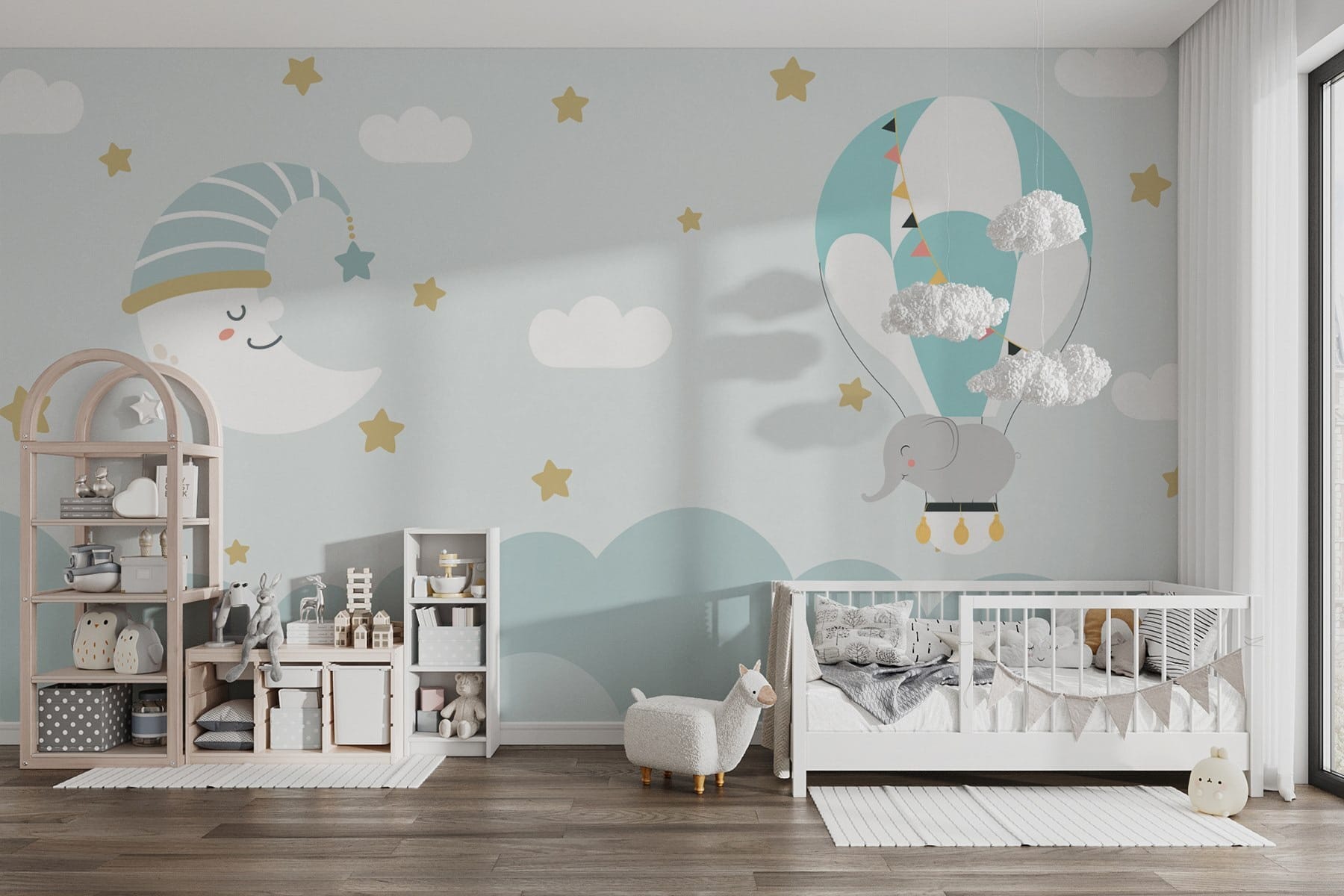 Cartoon elephant and moon in the sky