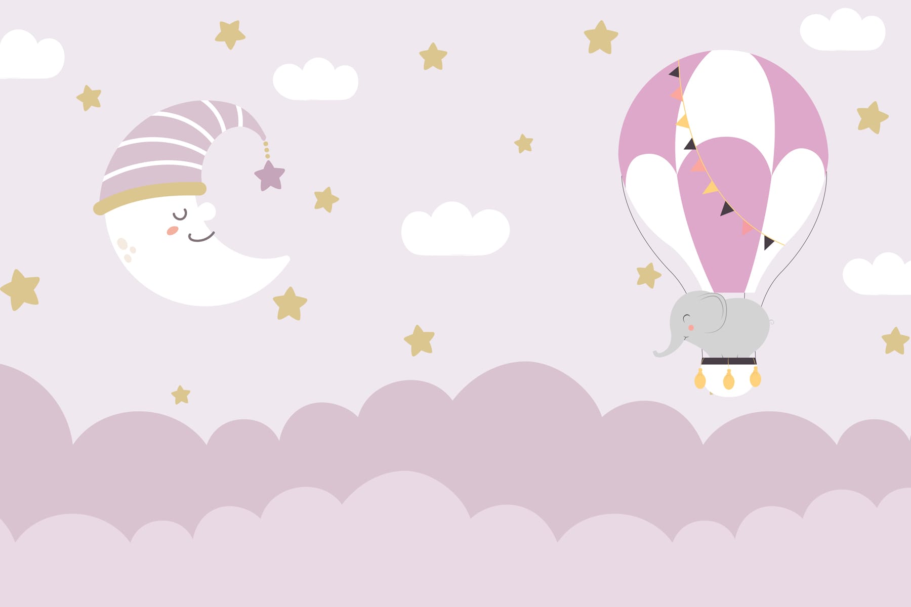 Cartoon elephant and moon in a balloon