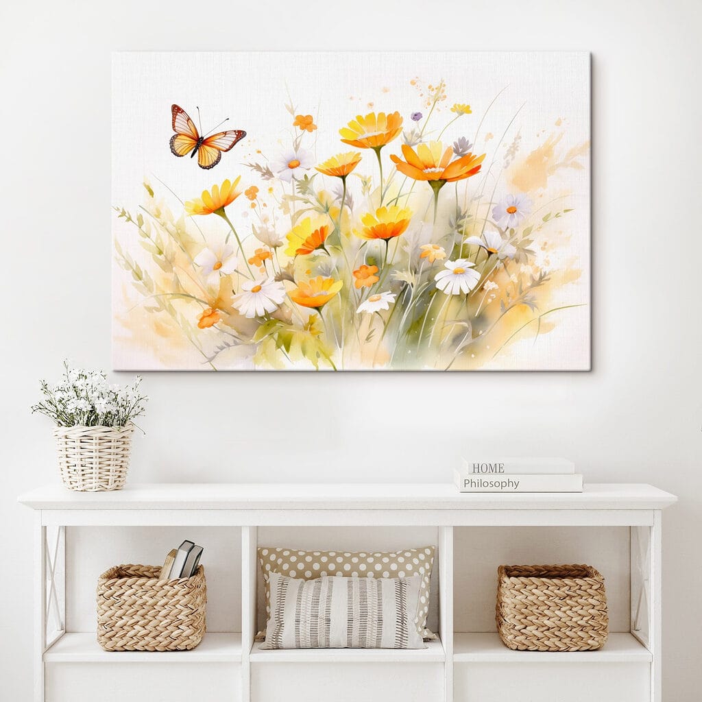 Butterfly flying over a yellow and white flowers