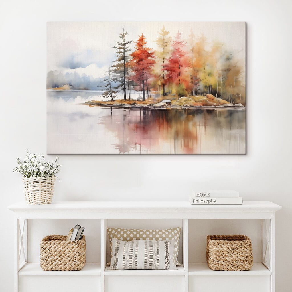 Watercolor painting of trees and rocks on a lake