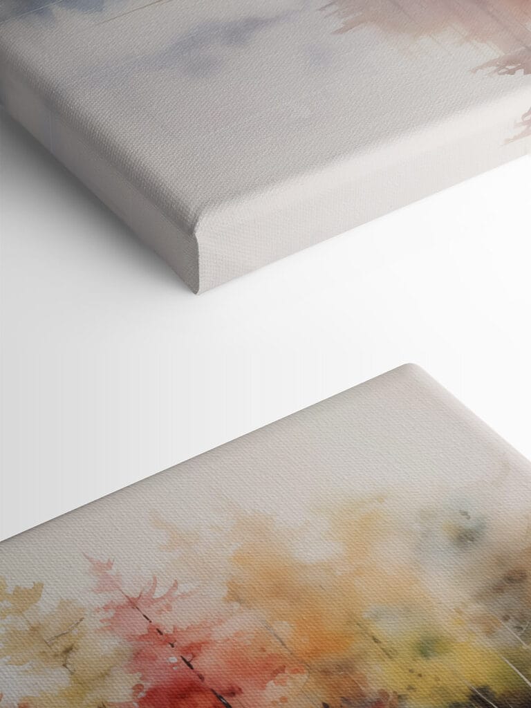 Watercolor painting of trees and rocks on a lake