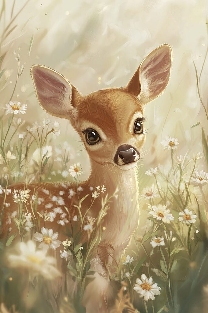 Baby deer in a field of flowers
