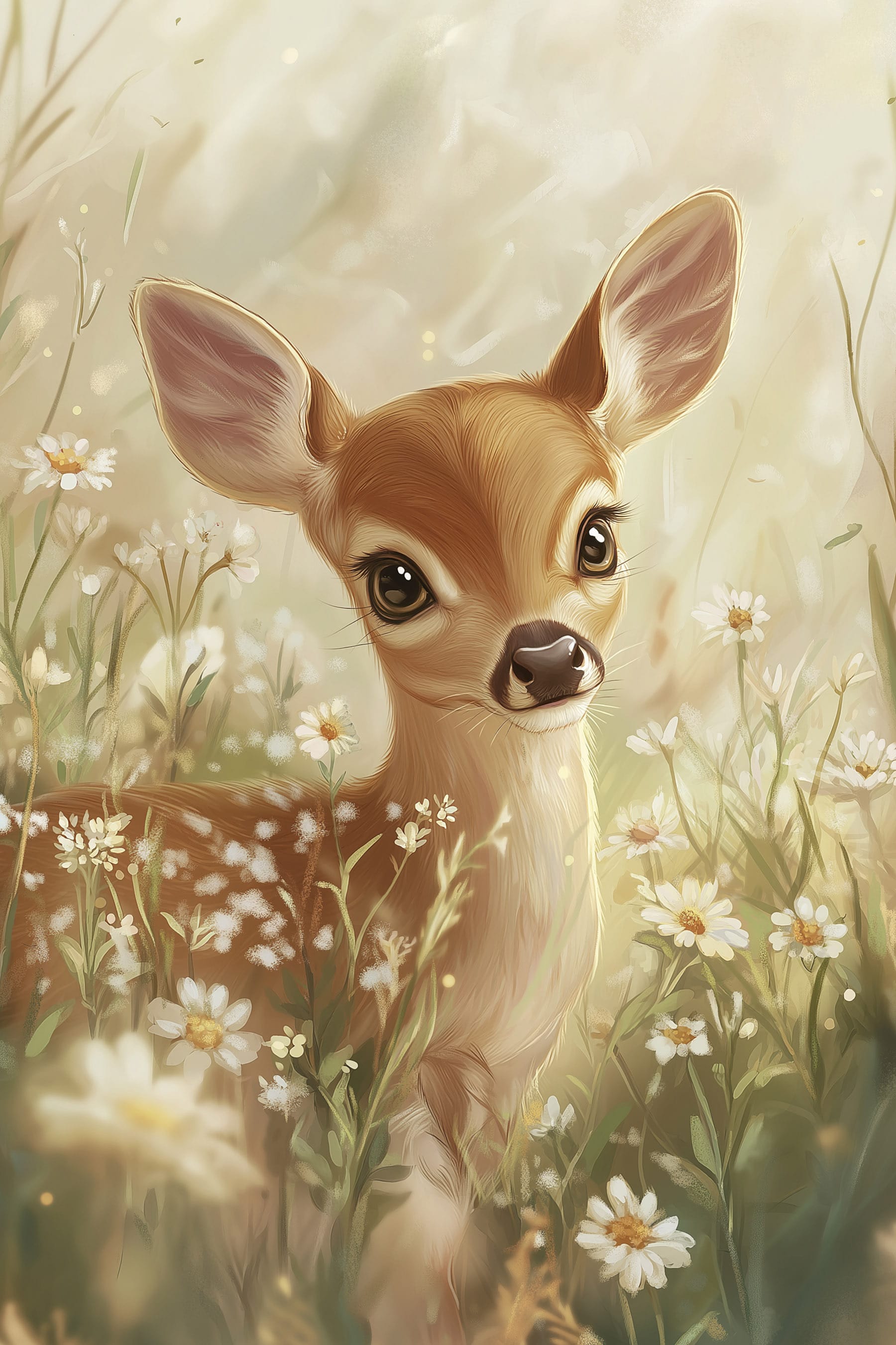 Baby deer in a field of flowers