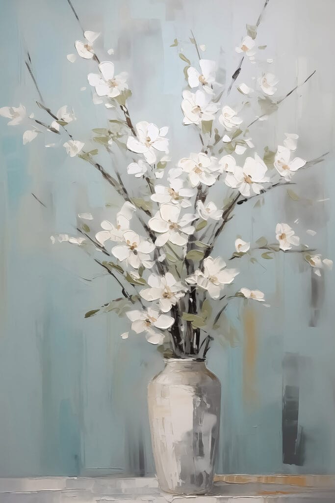 Painting of a vase with white flowers