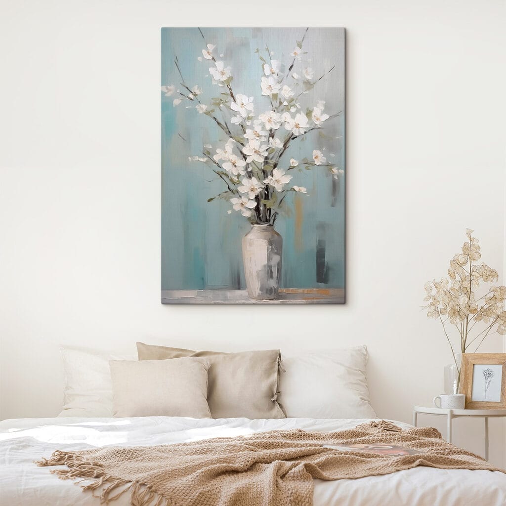 Painting of a vase with white flowers