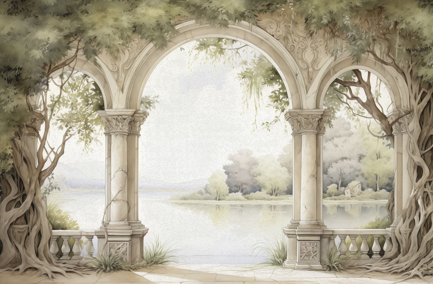 Watercolor painting of a stone archway with trees and a lake