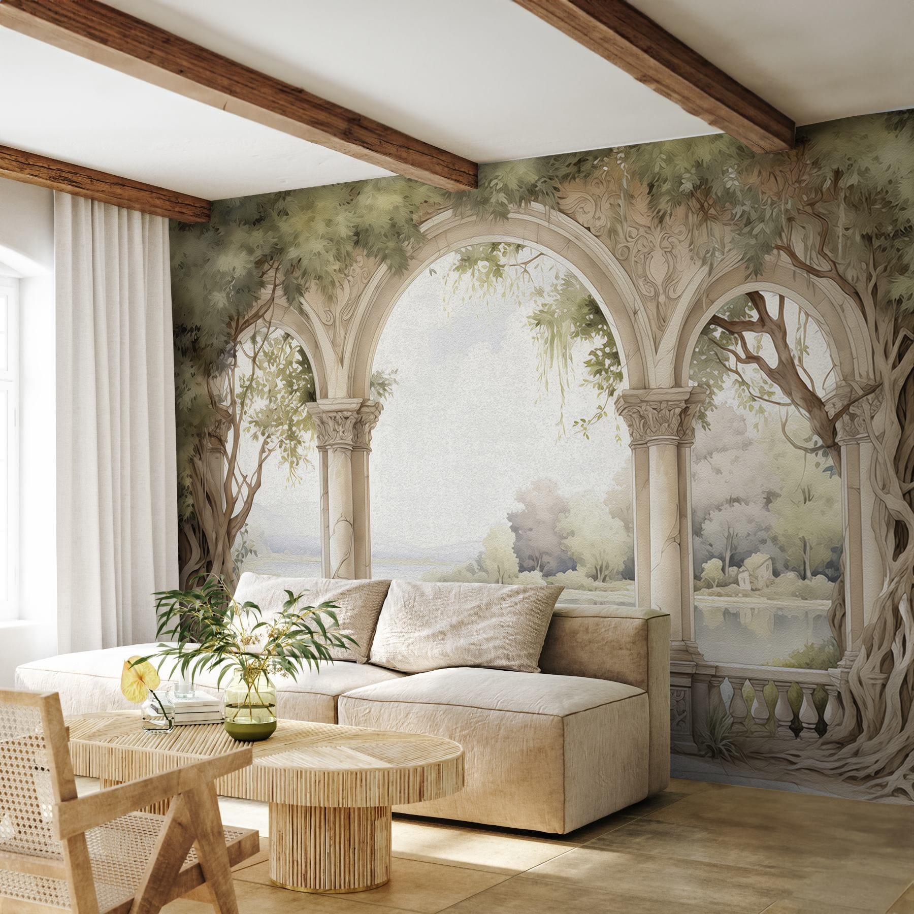 Watercolor painting of a stone archway with trees and a lake