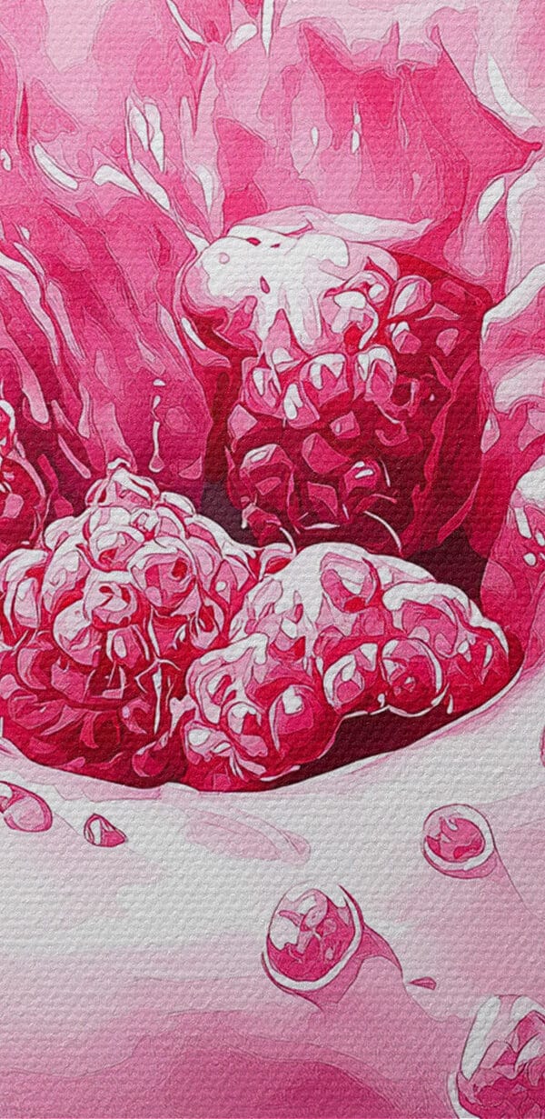 Kobliha s růžovou polevou a malinami stříkajícími do bílého talíře Kobliha s růžovou polevou a malinami stříkajícími do bílého talíře