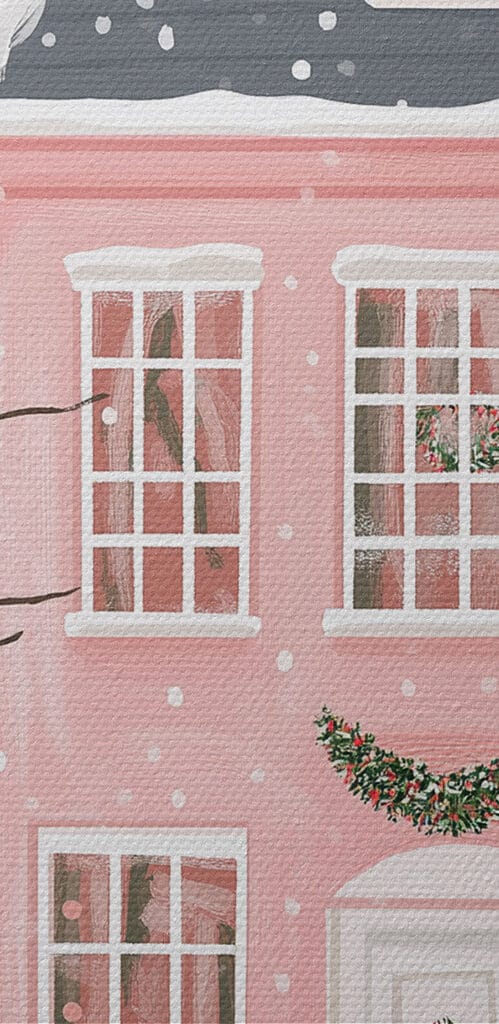 Pink house with trees and snow