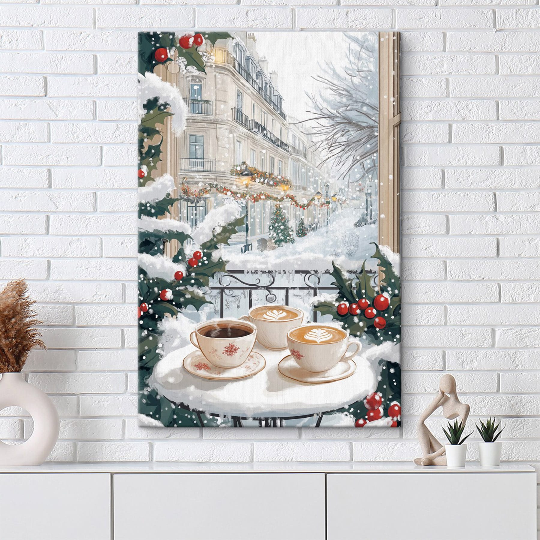 Couple of cups of coffee on a balcony with snow and buildings Couple of cups of coffee on a balcony with snow and buildings