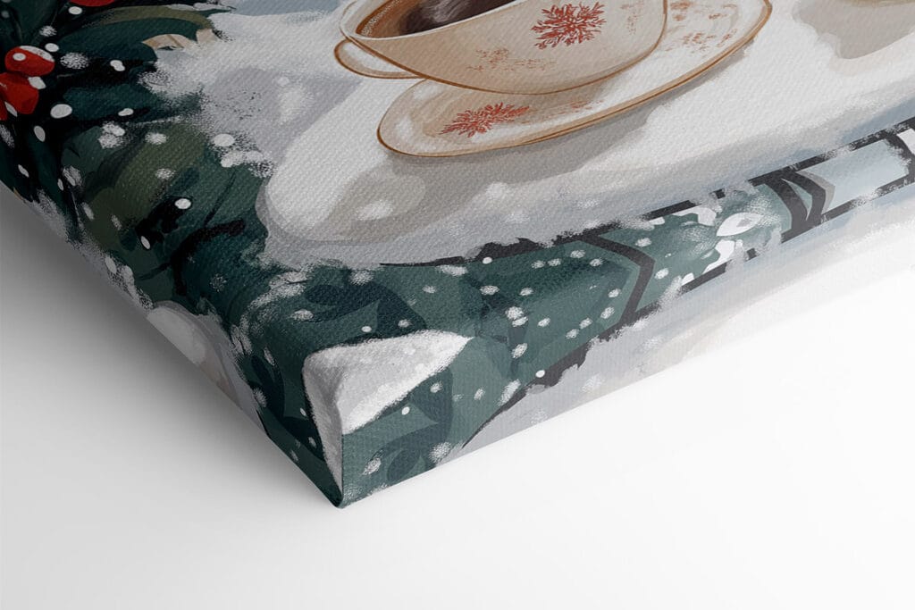 Couple of cups of coffee on a balcony with snow and buildings Couple of cups of coffee on a balcony with snow and buildings