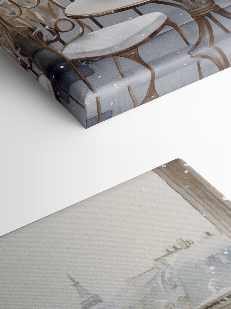 Table with cups and a vase of flowers on it with a snowy landscape