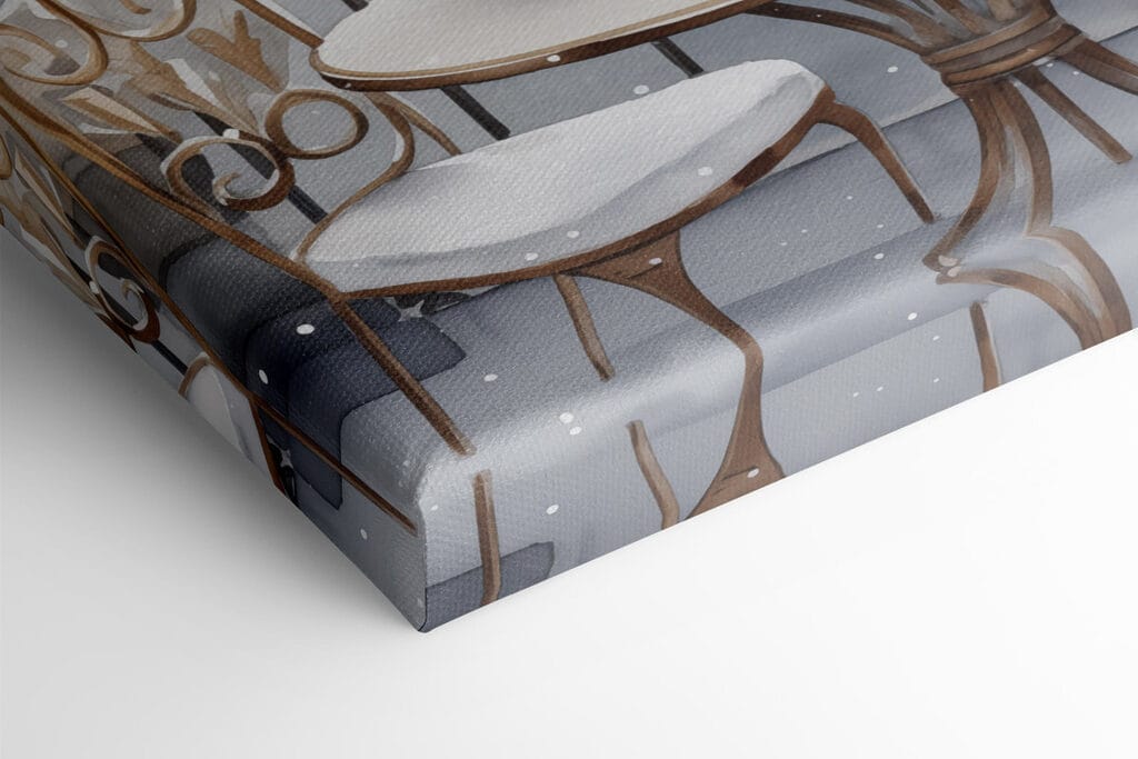 Table with cups and a vase of flowers on it with a snowy landscape