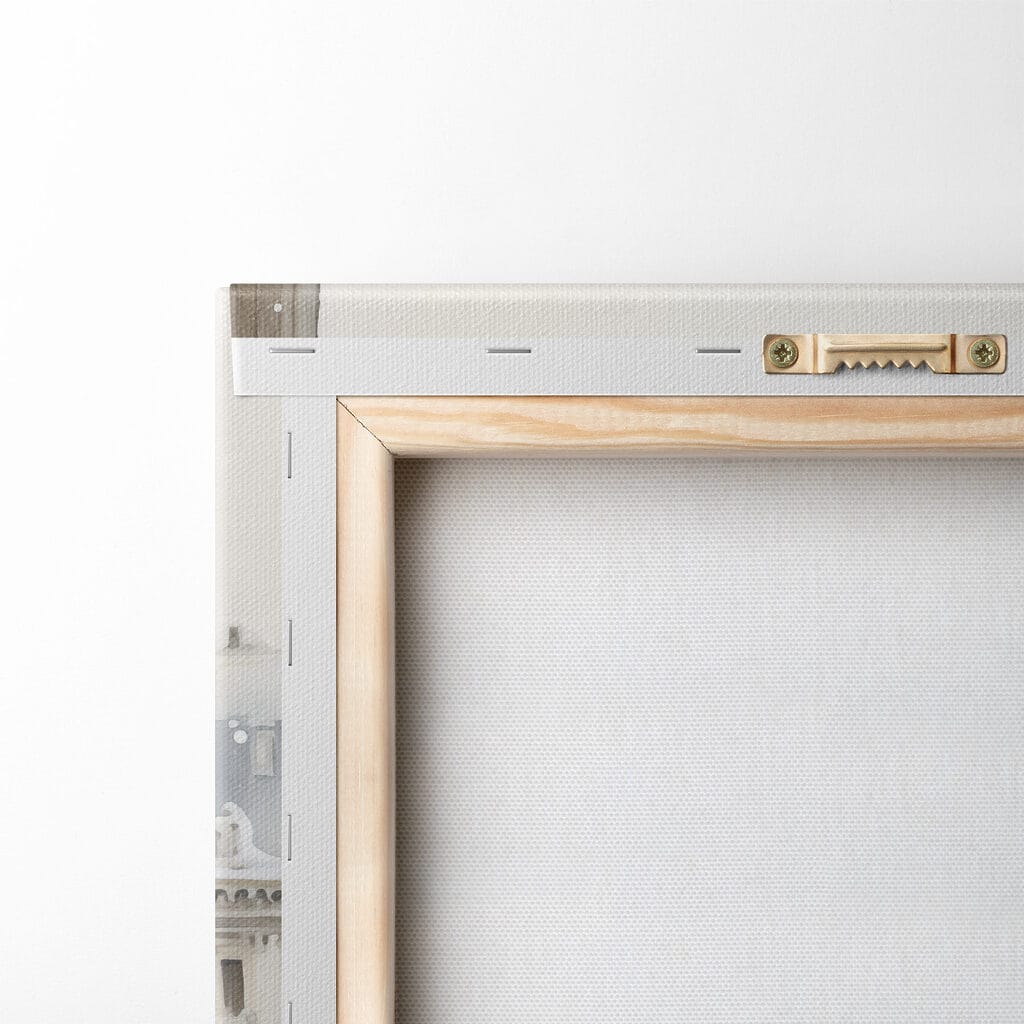 Table with cups and a vase of flowers on it with a snowy landscape