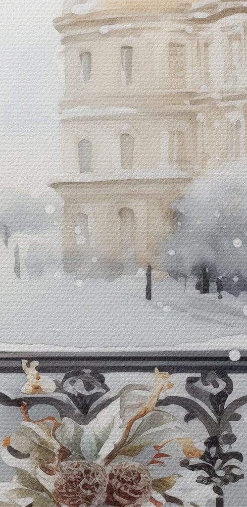 Table with cups and a vase of flowers on it with a snowy landscape