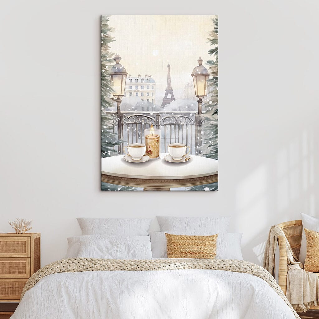 Painting of a tea set on a balcony with a tall tower in the background