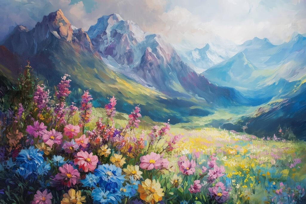 Painting of flowers in a field with mountains in the background