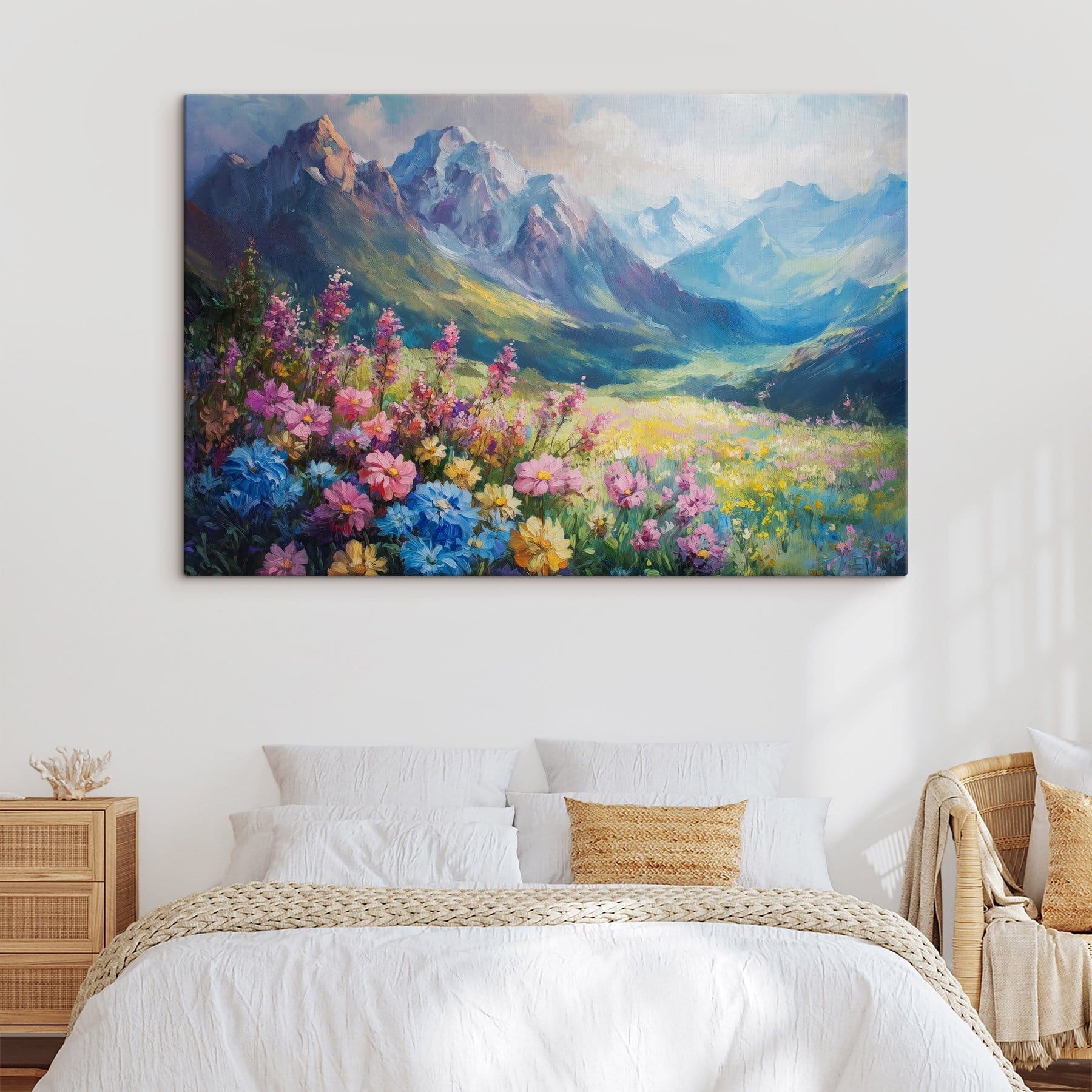 Painting of flowers in a field with mountains in the background