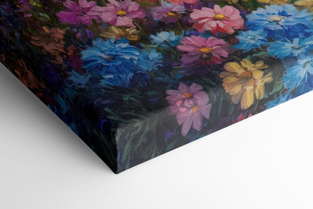 Painting of flowers in a field with mountains in the background