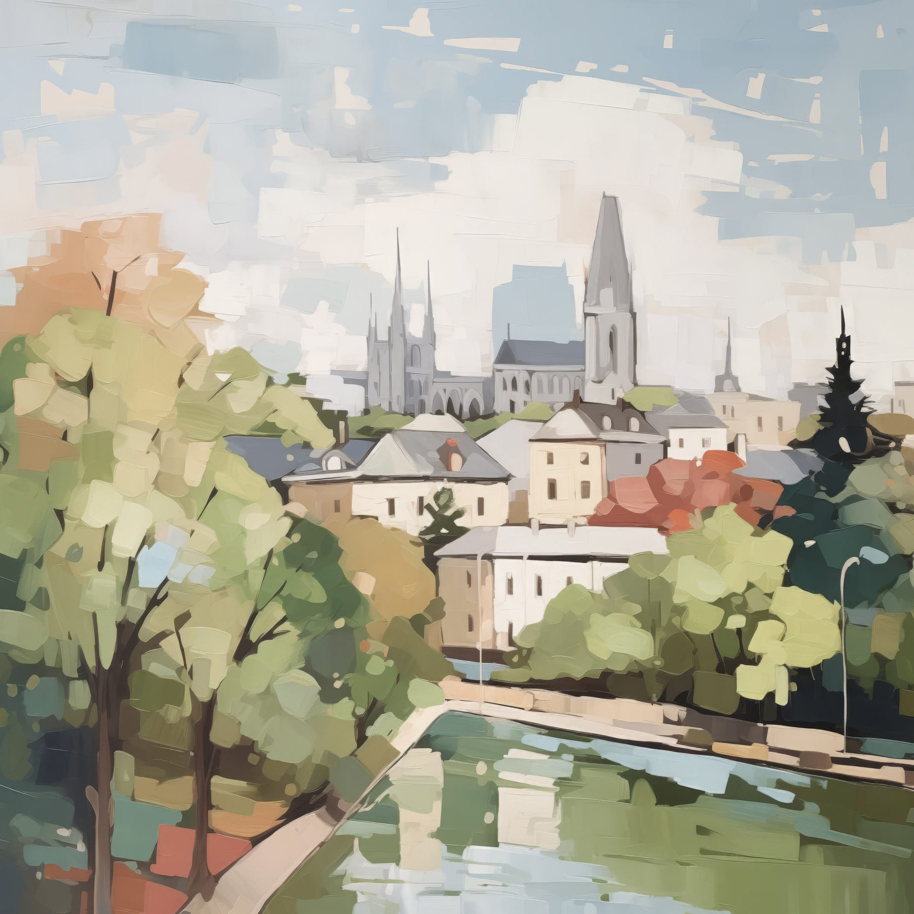 Painting of a city with trees and a river Painting of a city with trees and a river