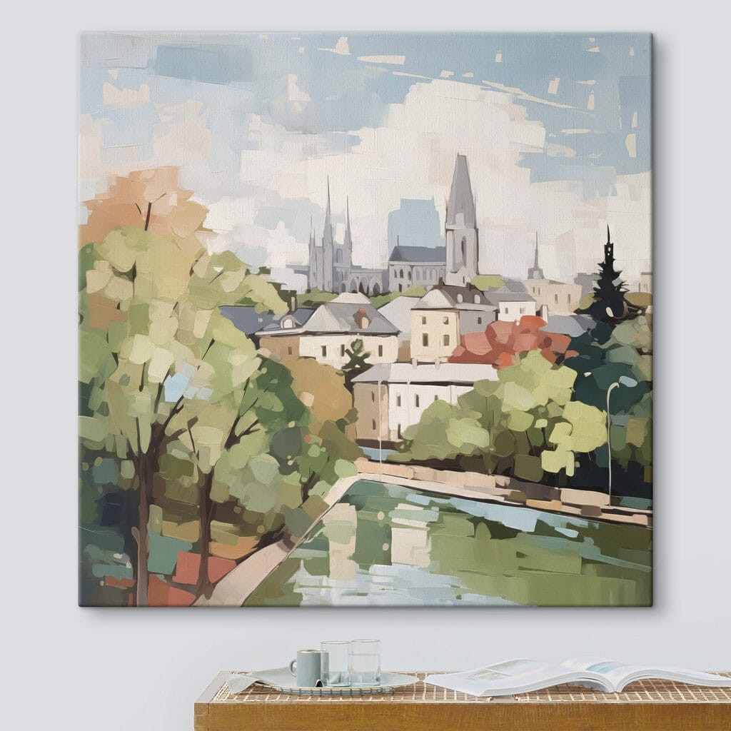 Painting of a city with trees and a river