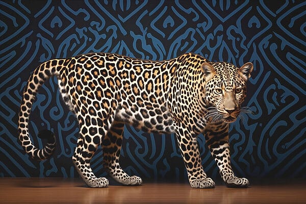 Leopard stojící na dřevěné podlaze Leopard stojící na dřevěné podlaze