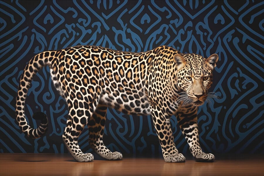 Leopard stojící na dřevěné podlaze Leopard stojící na dřevěné podlaze