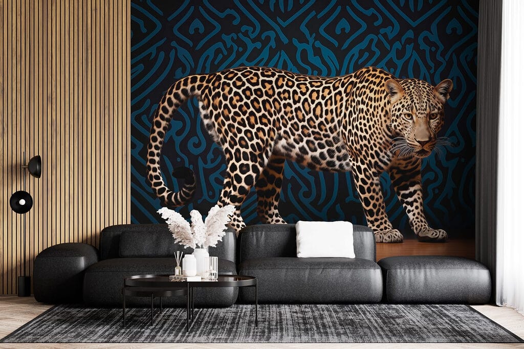 Leopard standing on a wood floor